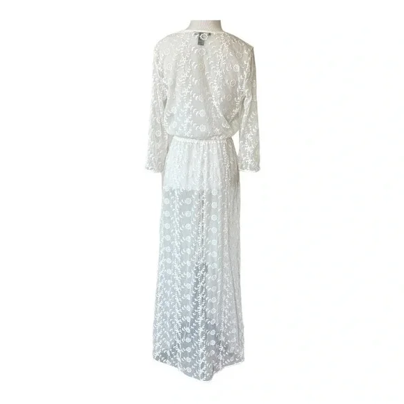 White Lacy Embroidered Maxi Dress Festival Summer Boho Kimono Medium - Picture 5 of 11
